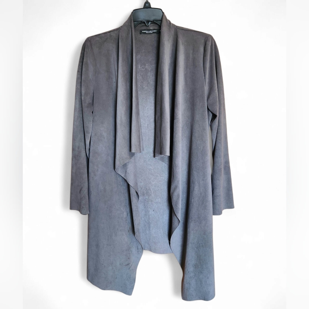 Vanessa Alexandra Wool Blend Waterfall Open Long Cardigan Sweater Grey Womens M